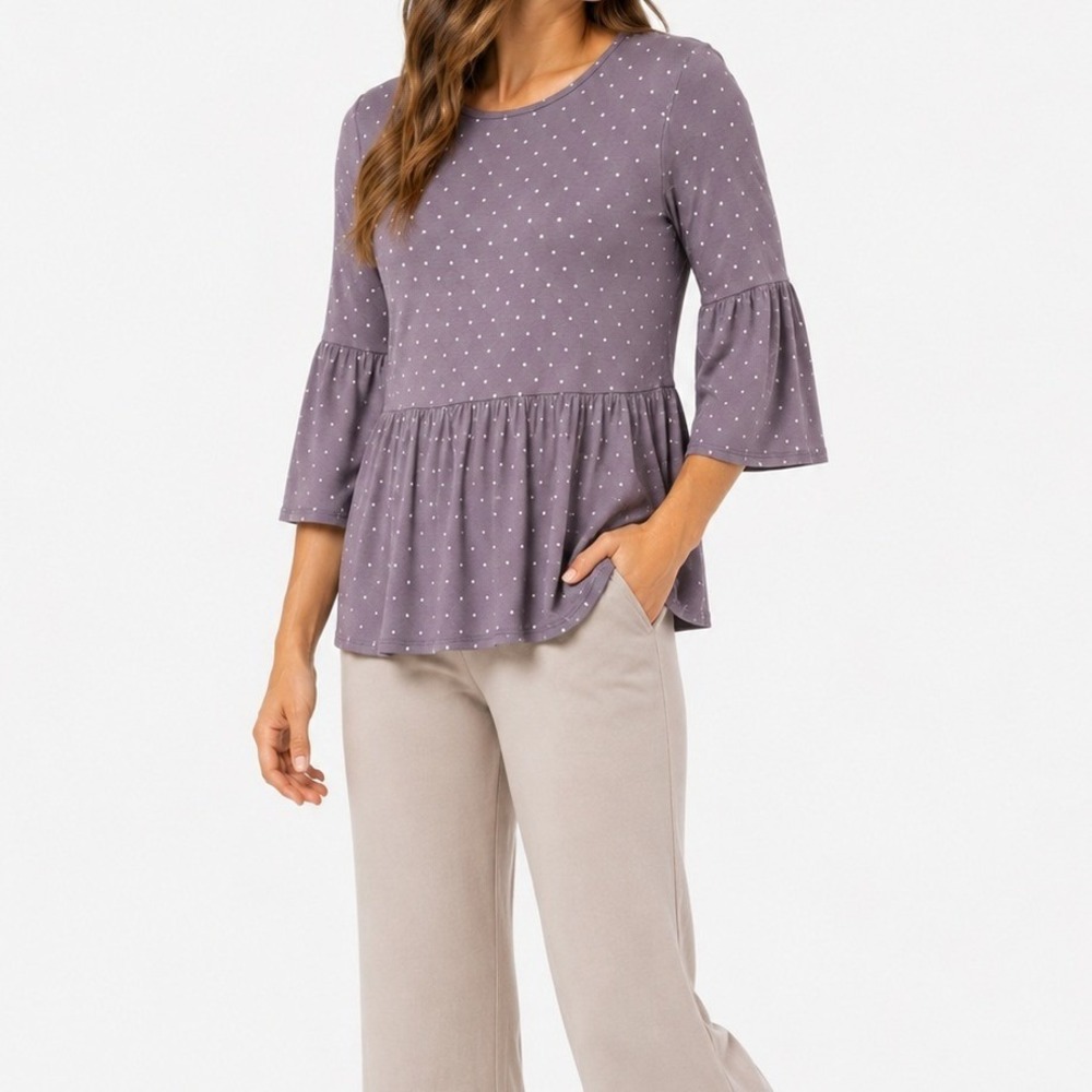 Matilda Jane Peplum Top Women Size S Purple Polka Dot Bell Sleeve Boho Casual